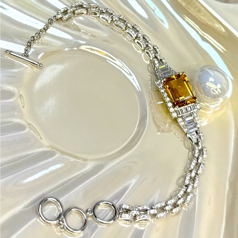 BC3 4.8CT Natural Emerald Cut HONEY CITRINE  UNIQUE Bracelet Rhodium over S925